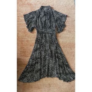 Max Studio Black White Dot Print Flutter Sleeve Midi Dress Size L Polyester